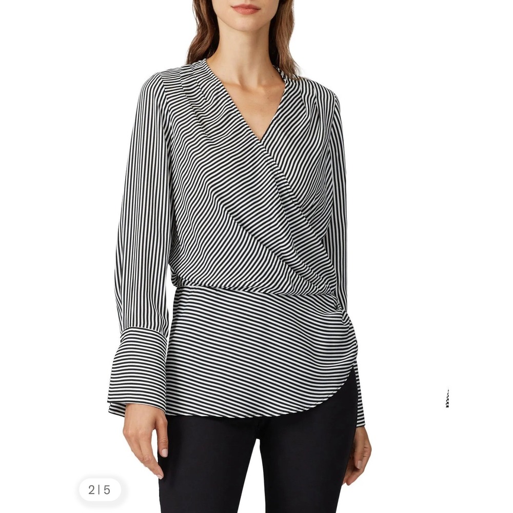 Badgley Mischka blouse top black‎ white stripe wrap peplum $120